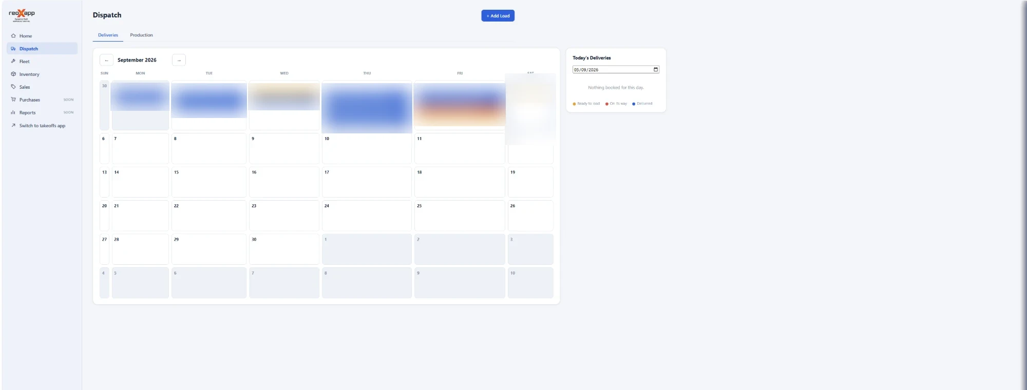 reoXapp Dispatch calendar showing trucks and runs scheduled across a real working week